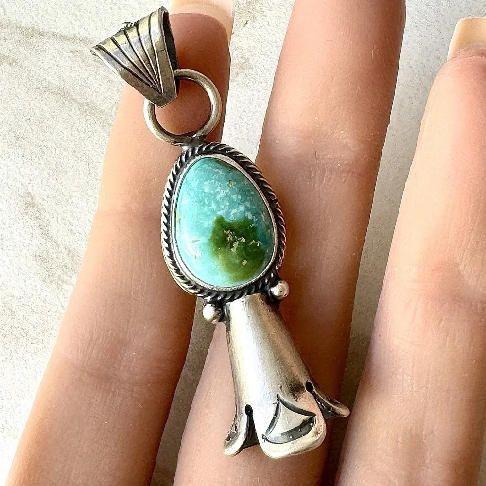 Squash‎ Blossom Pendant Sonoran Gold Turquoise 2in Sterling McCarthy Native Amer
